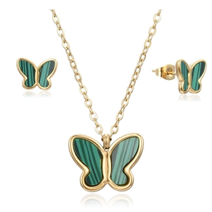 Butterfly Pendant Necklace And Stud Earrings Jewelry Stainless Steel Shell Malachite Texture Inlay Elegant Fashionable For Women