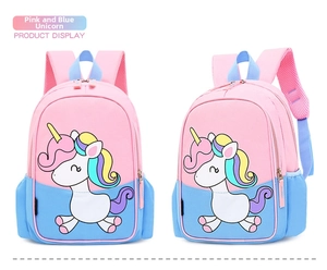 Close-up of pink and blue unicorn backpack with dual zippers and side mesh pockets