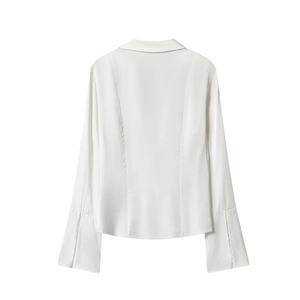 Women's slim fit white satin shirt featuring flared slit sleeves and a smooth back view