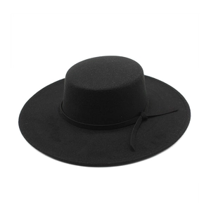 Classic black wool felt boater hat with wide brim and thin ribbon for men and women