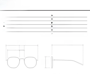 Detailed size chart for cat eye metal glasses frame with measurements in millimeters