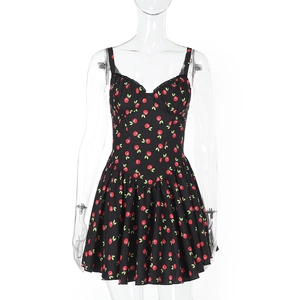 Sweet black cherry print summer dress with V-neck sleeveless lace cups and a flared hemline