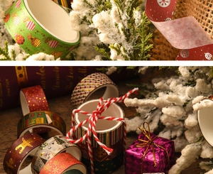 Close-up of Christmas washi tape with gingerbread and snowflake patterns on wood