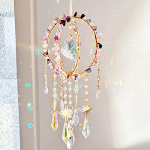 Macro detail of handmade crystal suncatcher with natural quartz stones and prisms