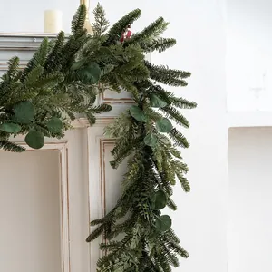 Green PE Christmas garland with eucalyptus leaves for holiday home mantel fireplace decor