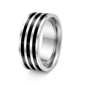 8mm wide stainless steel ring for men featuring three black enamel stripes and high polish finish