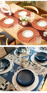 Detail of round woven placemats in red and beige with intricate braided texture design