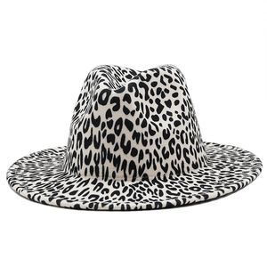Classic white leopard print wool fedora hat with a flat wide brim for men and women