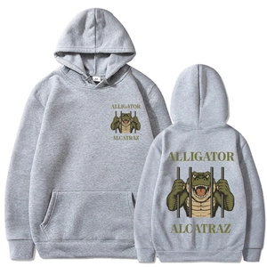 Gray Alligator Alcatraz hoodie with front and back cartoon graphics and kangaroo pocket