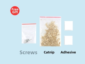 Cat grooming kit accessories including mounting screws, dried catnip, and adhesive pads