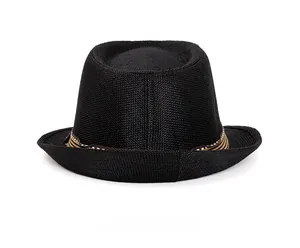 Rear view of black woven linen fedora hat with a striped decorative band for kids