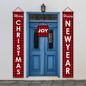 Lot de 3 bannières de porte de Noël à carreaux rouges buffalo plaid avec texte Joyeux Noël