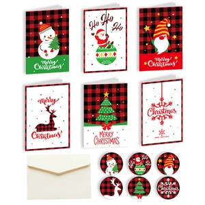 Christmas greeting card set with envelopes and stickers in red black plaid patterns