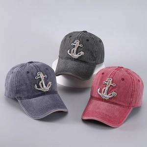 Vintage washed cotton baseball caps with anchor embroidery in dark grey, navy, and red