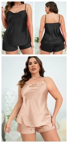 Detail of plus size satin sleepwear set featuring camisole and shorts in black and champagne