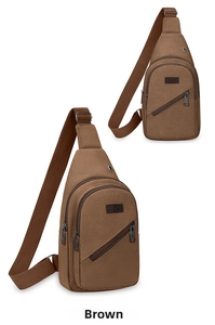 Detail view of brown canvas sling bag with double zippers and sport label