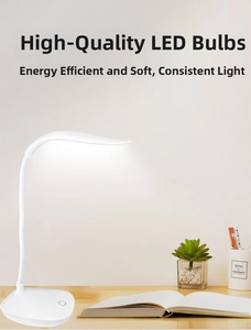 Detail view of flexible white LED desk lamp neck and leaf-shaped light head on wooden desk