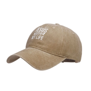 Berretto da baseball vintage in cotone kaki slavato con stampa Jesus Saved My Life e visiera