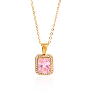 Pink zircon pendant necklace with gold chain and halo stones on white background