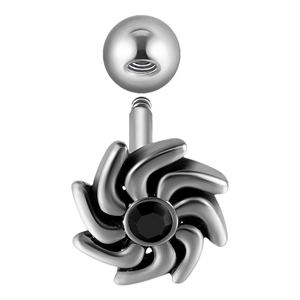 Silver stainless steel belly piercing with a black stone and spiral screw design