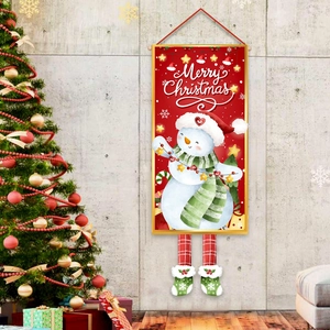 Christmas snowman hanging banner with Merry Christmas text and festive indoor decorations