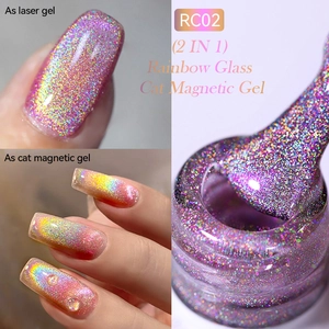 Detail view of RC02 rainbow cat eye magnetic gel with laser glitter effect on nails