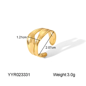 18K gold-plated wavy open ring with multi-layer hollow stripe design and 3.0g weight