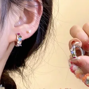 Chic rainbow zircon hoop earrings with multi-colored stones on a silver metal base