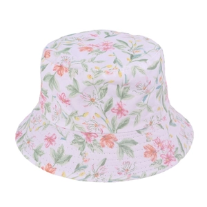 Close-up of pink floral pattern and soft fabric texture on children's bucket hat
