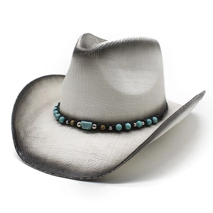 Handwoven western straw cowboy hat with gradient finish and turquoise bead decoration