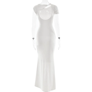 Detail view of the back of a white backless maxi dress with a deep U-shaped cut and slim fit