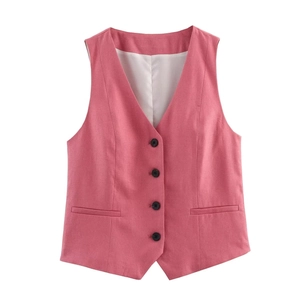 Pink V-neck linen blend waistcoat for women with four black buttons and pockets