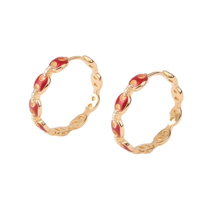 18k gold plated chain link hoop earrings with red enamel and sparkling zircons