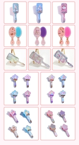 Close-up of cute cartoon hairbrushes with liquid glitter and colorful unicorn prints