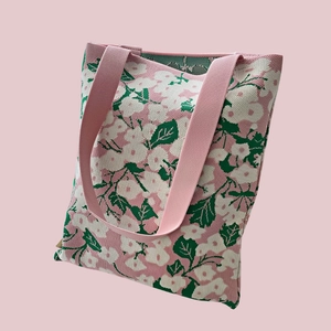 Detailed close-up of pink knit tote bag texture with white flower and green leaf patterns