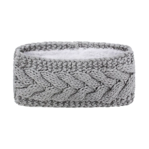 Winter cable knit grey headband for women with warm white fleece lining on white background