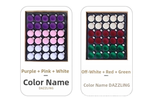Detail of 24-piece Christmas ball sets in purple pink and red green color palettes