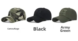 Detailed view of camo, black, and olive green baseball caps with 3D USA embroidery