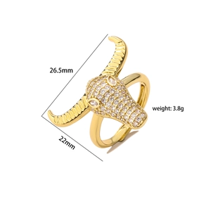 Gold bull head ring with micro-pave zircons, measuring 26.5mm by 22mm, weight 3.8g