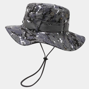 Detailed view of digital camouflage sun hat with metal air vents and adjustable chin strap