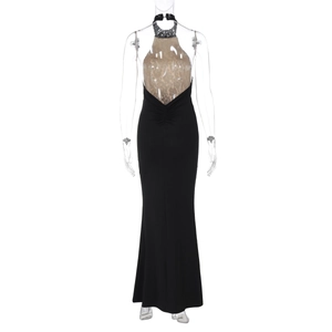 Detail view of the backless halter evening dress with champagne lace patchwork