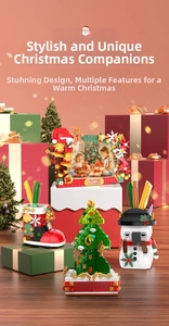 Macro detail of Christmas tree building block music box and festive desk storage set