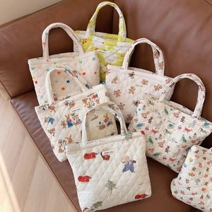 Quilted cotton tote bag set with cute animal prints like bears and rabbits