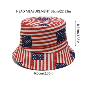 Detailed size chart for the American flag bucket hat showing brim and height measurements