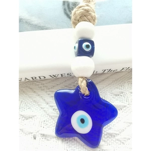 Stella malocchio fatta a mano in vetro blu con corda di canapa per decorazione casa