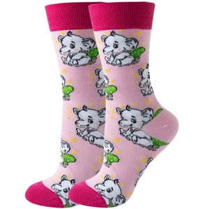 Pink crew socks with cartoon elephant pattern featuring reinforced deep pink toe and heel