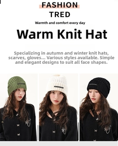 Detail view of knitted beanie hats in army green, beige, and black with ribbed texture