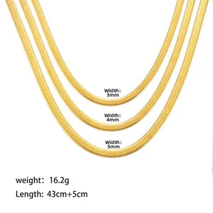 Flat gold snake chain necklace details showing 3mm, 4mm, and 5mm width specifications