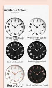 Six minimalist 12-inch wall clocks in various colors including rose gold and black frames