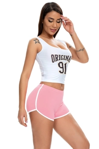 Detail of white U-neck tank top with ORIGINAL 91 print and pink yoga shorts set